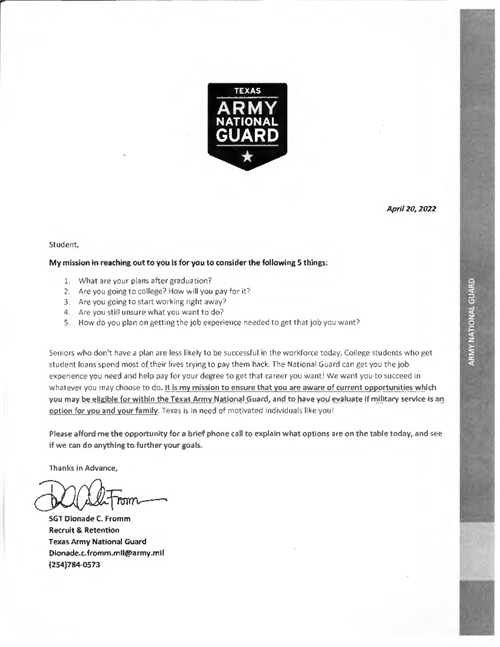 U.S. Army National Guard Letter 